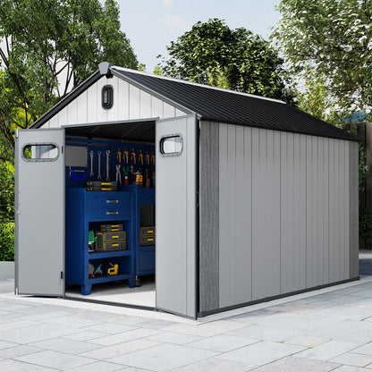 8' × 14' Outdoor Resin Storage Shed with Carpet – Gray | Weather-Resistant Garden & Backyard Storage