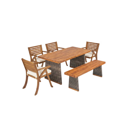 6-Piece Acacia Wood Dining Set with Cushions & Handwoven Rattan Legs