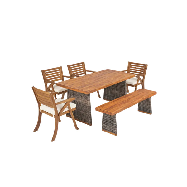 6-Piece Acacia Wood Dining Set with Cushions & Handwoven Rattan Legs