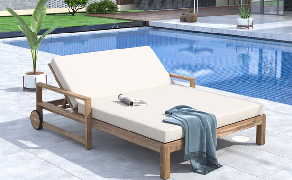 TREXM 1‑Piece Acacia Wood Outdoor Sunbed for 2 — Farmhouse Style with Cushions