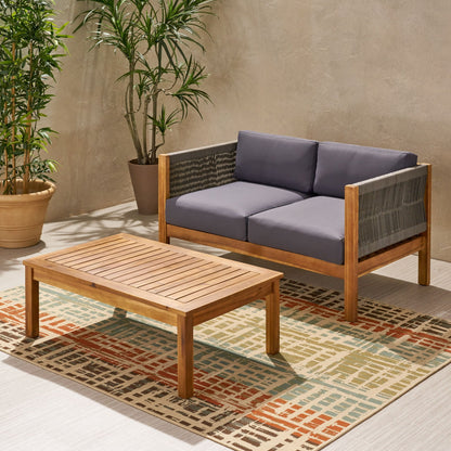 Charlotte Acacia Wood & Rope Outdoor Chat Set with Cushions – 4‑Piece