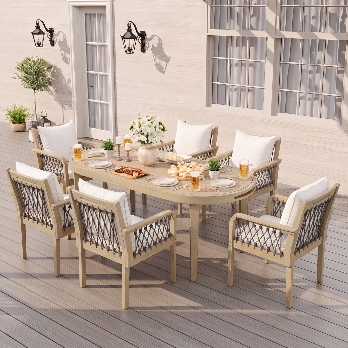 7‑Piece Acacia Wood Outdoor Dining Set with Rope‑Woven Armchairs