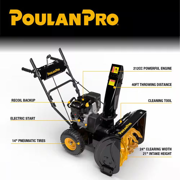 Poulan PRO PR240 24" Two-Stage Gas Snow Blower – 212cc Engine, Electric Start & 45-Foot Snow Throwing Distance