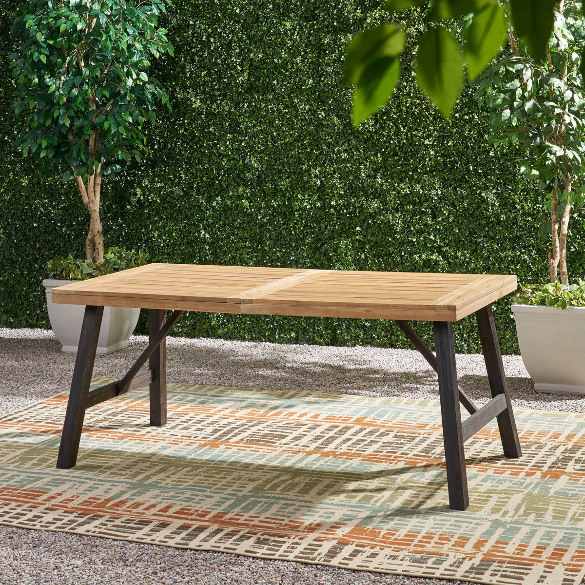 Acacia Wood Outdoor Dining Set with 2 Benches & Slat‑Panel Table – Light Brown