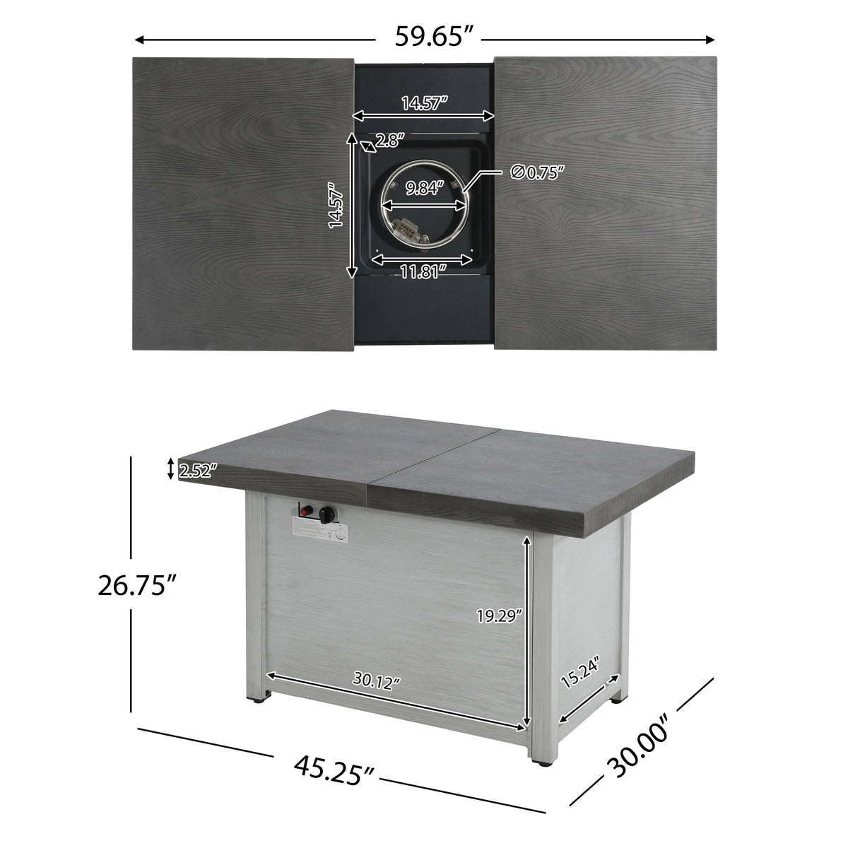 Extendable Rectangle Aluminum Fire Pit Table – 50,000 BTU, Dark Grey