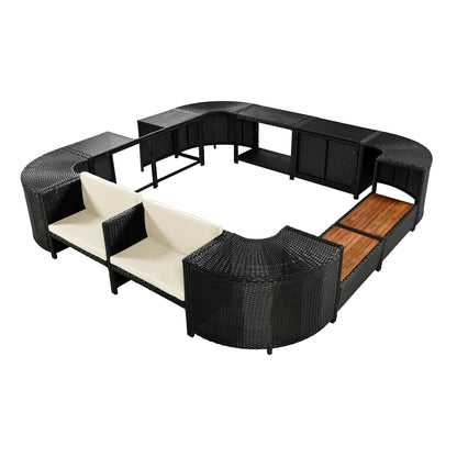Spa Surround Outdoor Rattan Sectional Sofa Set – Built‑In Storage, Wooden Seats & Cushions (Beige or Gray)