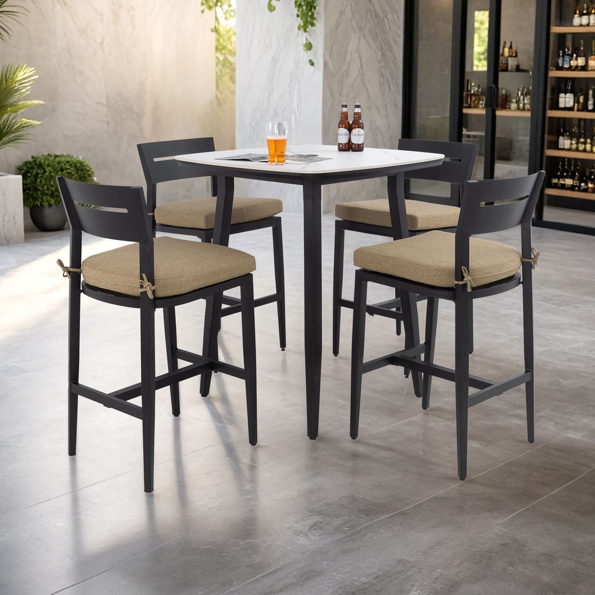 Modern Outdoor Bar Set — Sintered Stone Table, Ergonomic Bar Stools & Sunbrella® Cushions (Ember Black / Linen Sesame)