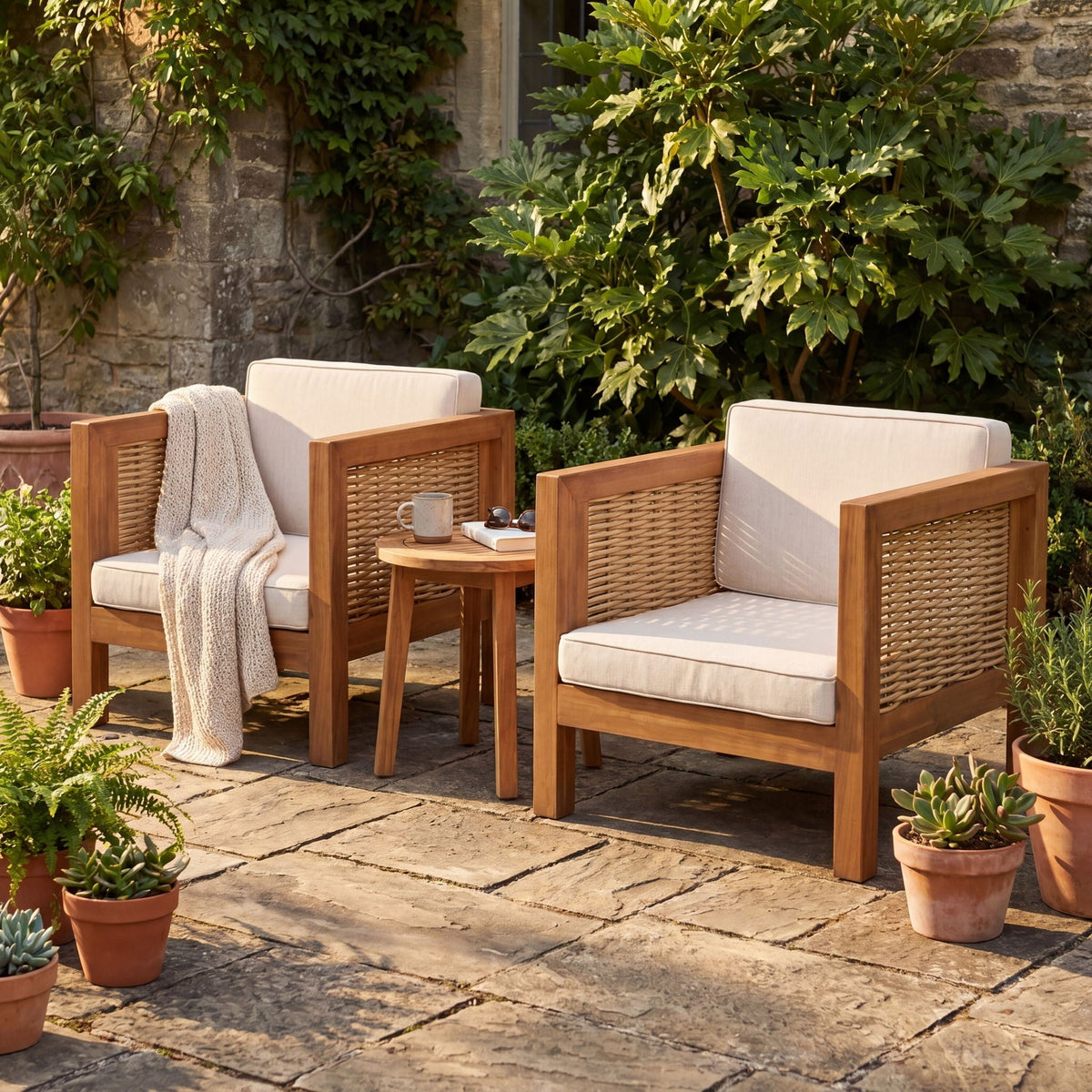 Acacia Wood Outdoor Club Chair, Weather‑Resistant with Wicker Armrests