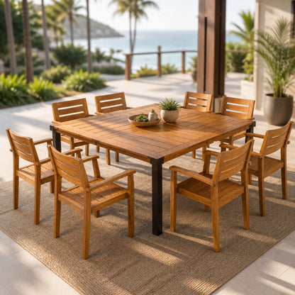 9‑Piece Acacia Wood Outdoor Dining Set with Slatted Table & Armchairs
