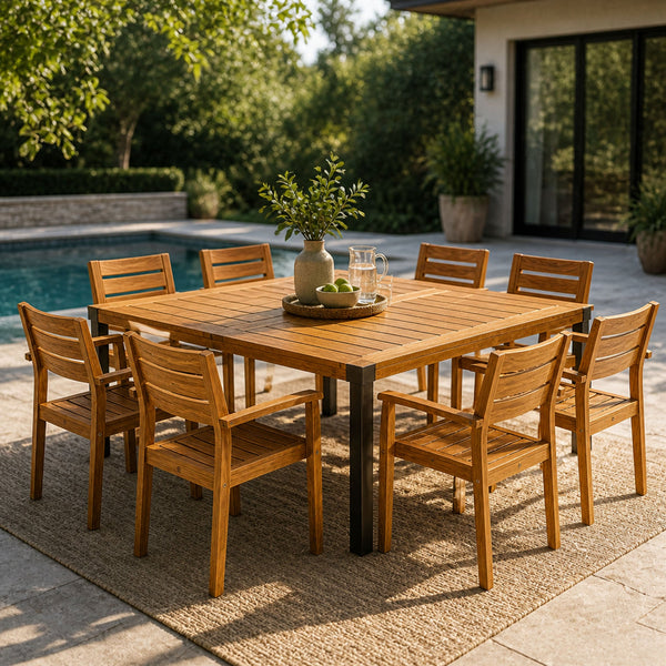 9‑Piece Acacia Wood Outdoor Dining Set with Slatted Table & Armchairs