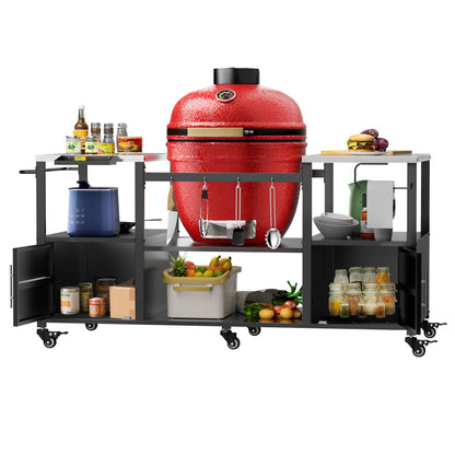 Outdoor Grill Table for Big Egg‑Style BBQ with Metal & Stainless Steel Cart and Storage — Black/Silver