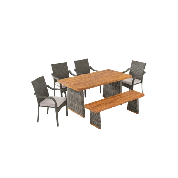 6‑Piece Outdoor Acacia Wood Dining Set with PE Rattan Chairs & Handwoven Rattan Legs
