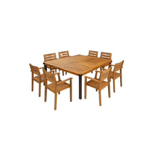 9‑Piece Acacia Wood Outdoor Dining Set with Slatted Table & Armchairs