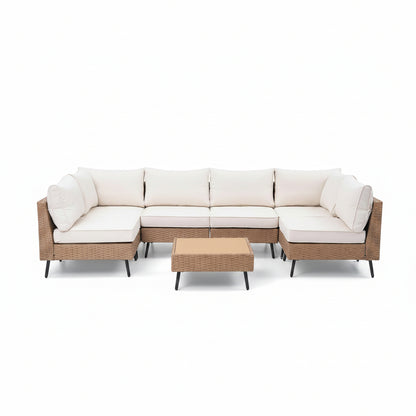 Outdoor Patio Furniture, 7 Piece Outdoor Sectional Sofa PE Rattan Wicker Patio Conversation Sets, All Weather Patio Furniture Set with Thick Cushions for Garden, Backyard(Beige)