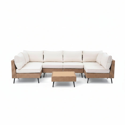 Outdoor Patio Furniture, 7 Piece Outdoor Sectional Sofa PE Rattan Wicker Patio Conversation Sets, All Weather Patio Furniture Set with Thick Cushions for Garden, Backyard(Beige)