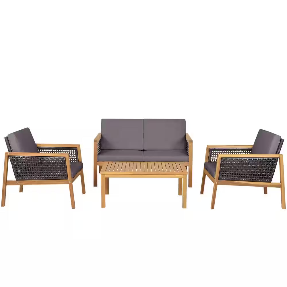 4PCS Patio Acacia Wood Furniture Set PE Rattan Conversation Set W/Grey Cushions