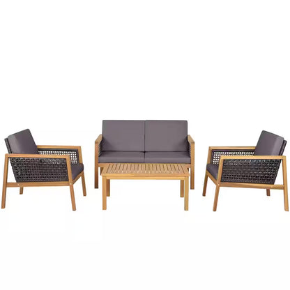 4PCS Patio Acacia Wood Furniture Set PE Rattan Conversation Set W/Grey Cushions