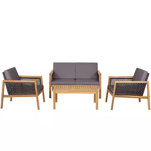 4PCS Patio Acacia Wood Furniture Set PE Rattan Conversation Set W/Grey Cushions