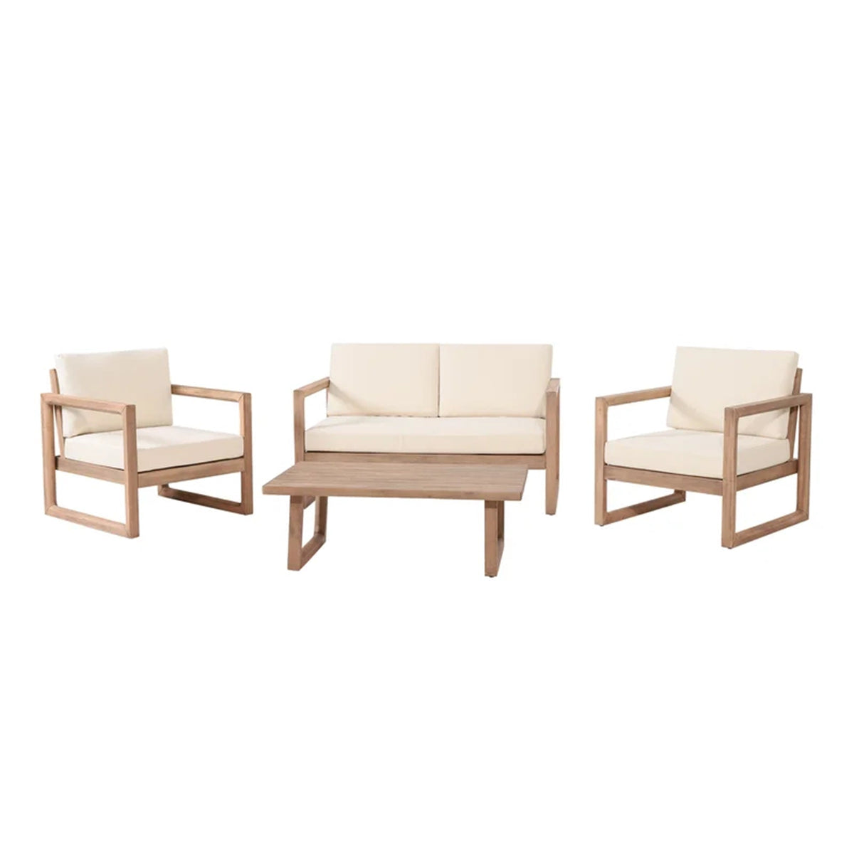 4‑Piece Acacia Wood Outdoor Patio Seating Set with Cushions – Modern Sled Frame Design