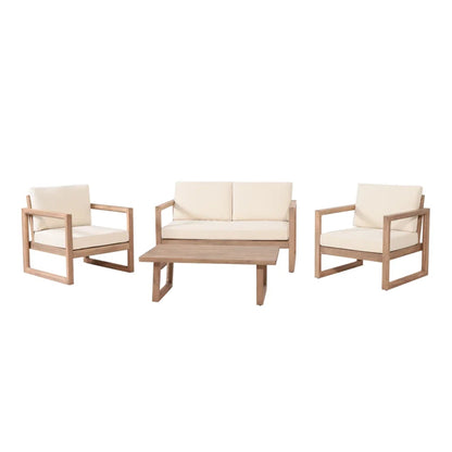 4‑Piece Acacia Wood Outdoor Patio Seating Set with Cushions – Modern Sled Frame Design