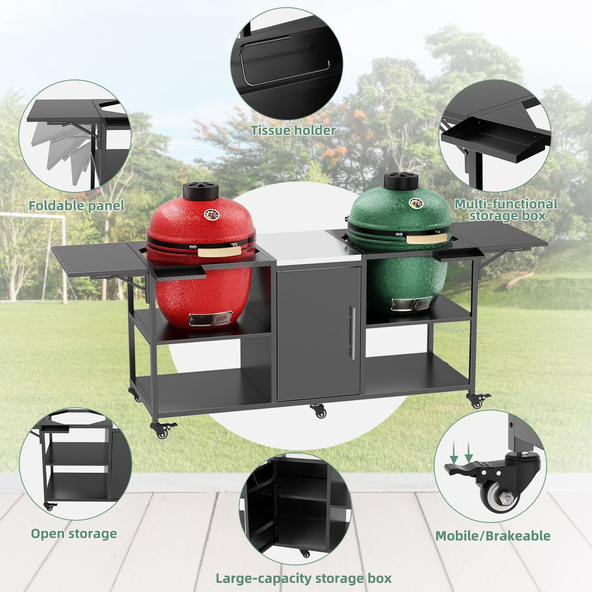 Outdoor Grill Cart for 2 Big Egg Grills – Black/Silver