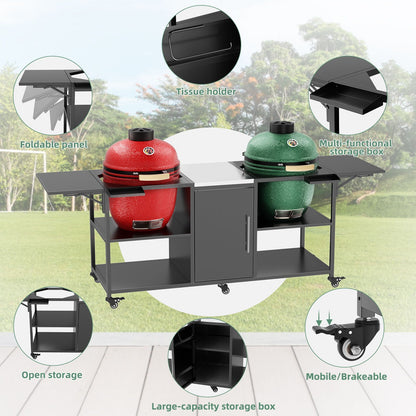 Outdoor Grill Cart for 2 Big Egg Grills – Black/Silver