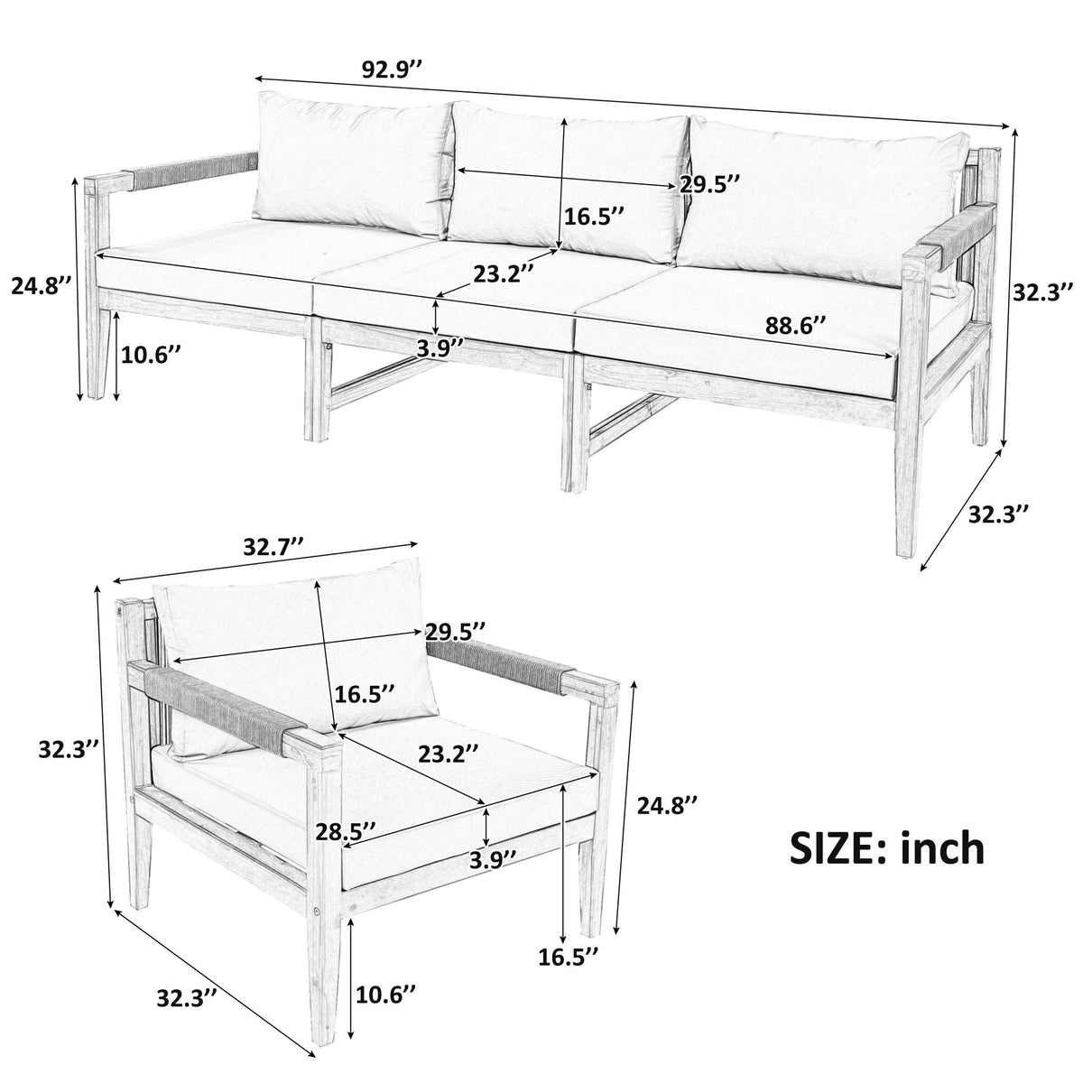Acacia Wood Outdoor Modular Seating Set with Rope Accents & Water‑Resistant Cushions – 3‑Piece