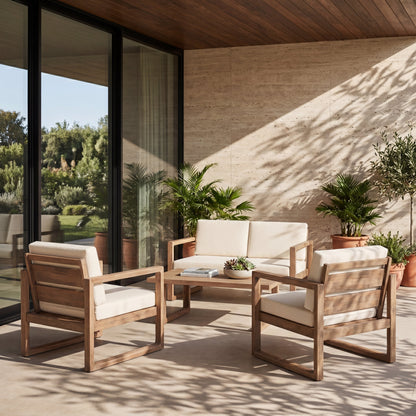4‑Piece Acacia Wood Outdoor Patio Seating Set with Cushions – Modern Sled Frame Design