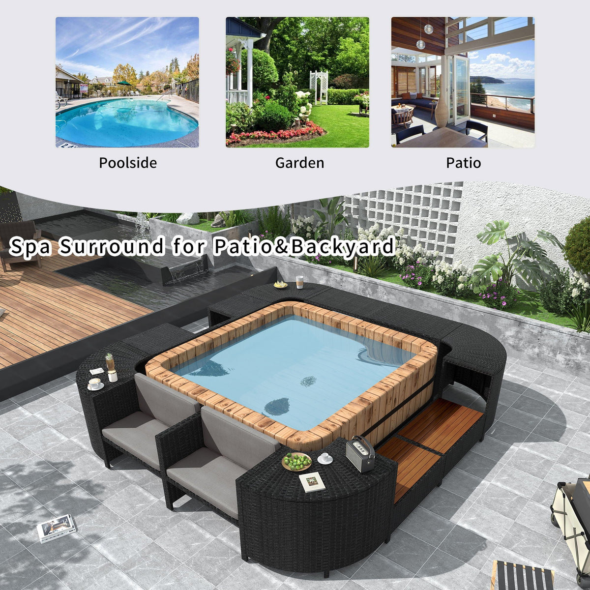 Spa Surround Outdoor Rattan Sectional Sofa Set – Built‑In Storage, Wooden Seats & Cushions (Beige or Gray)