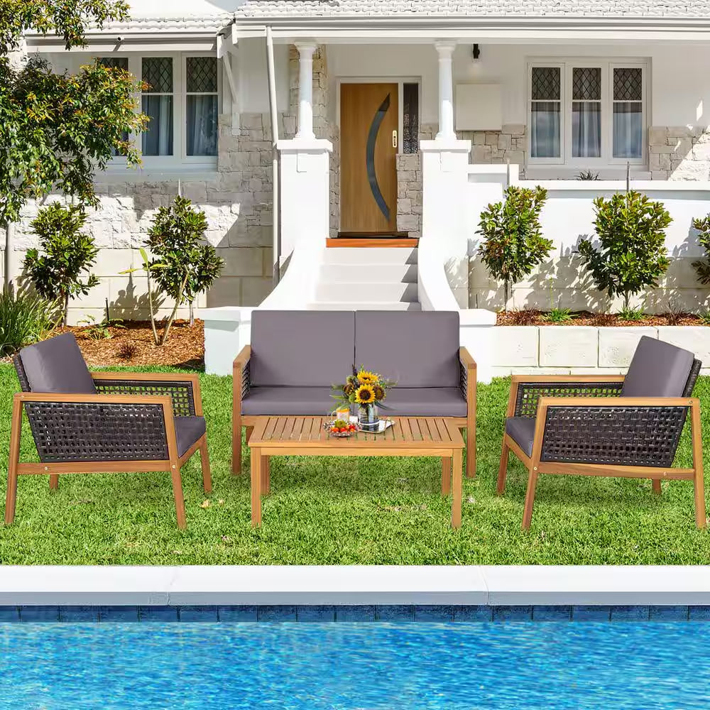 4PCS Patio Acacia Wood Furniture Set PE Rattan Conversation Set W/Grey Cushions