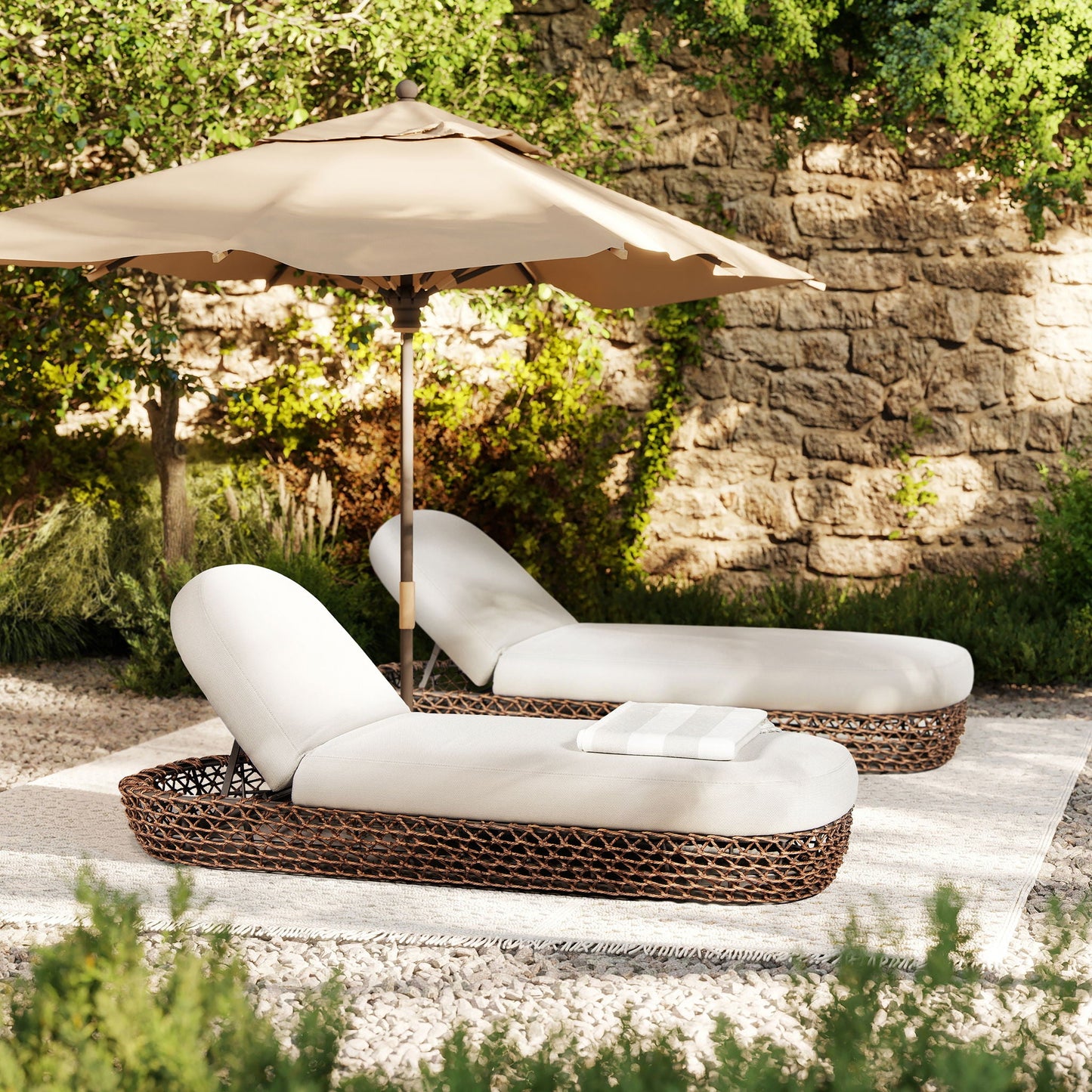Willow Sunbrella® Upholstered Woven Patio Lounger – Wheat Beige &amp; Golden Brown