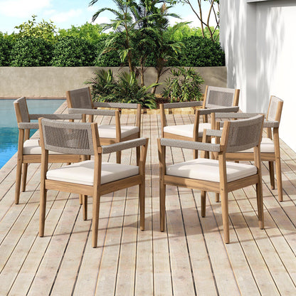 raided Acacia Outdoor Dining Chair Set of 4 — Teak Look with Beige Rope & Cream Cushions
