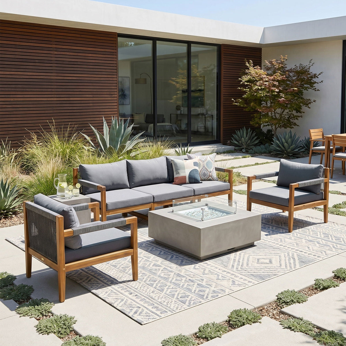 Acacia Wood Outdoor Modular Seating Set with Rope Accents & Water‑Resistant Cushions – 3‑Piece