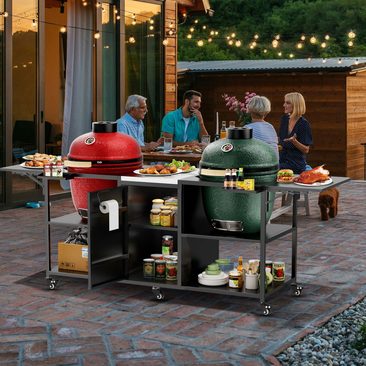 Outdoor Grill Cart for 2 Big Egg Grills – Black/Silver