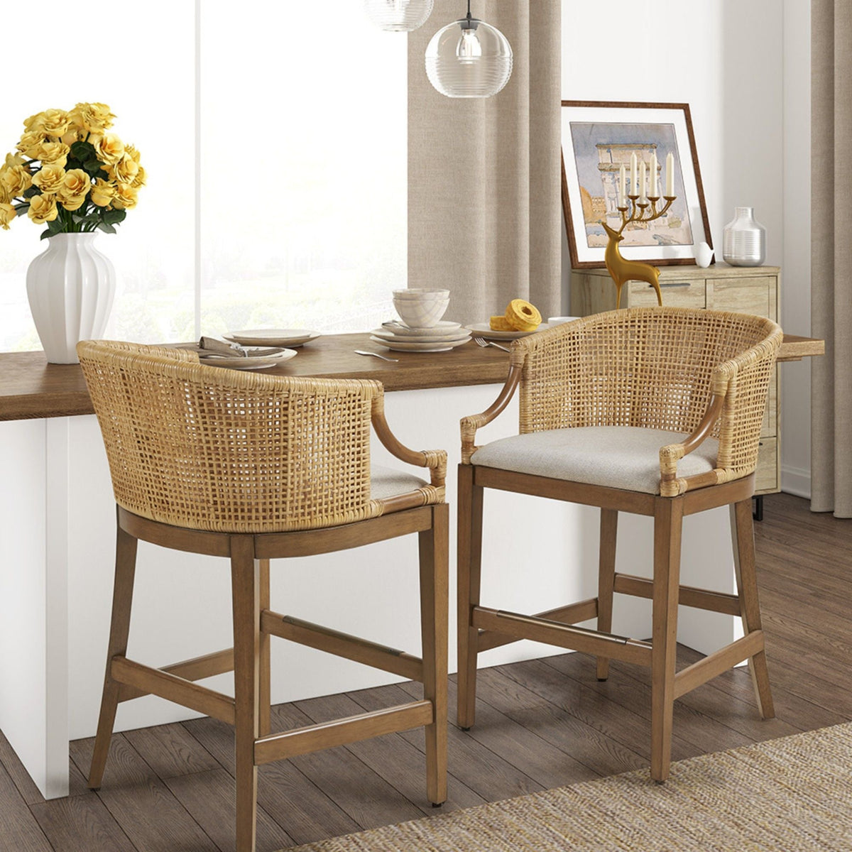 Handcrafted Natural Rattan Counter Stool – Solid Wood Legs, Cushioned Seat & Whitewash Option
