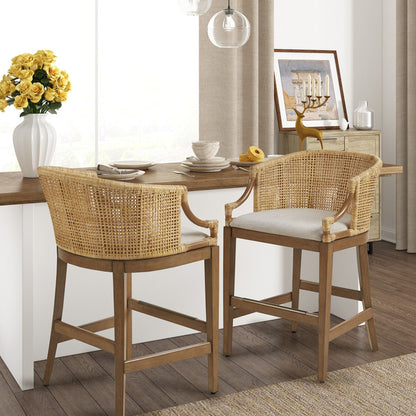 Handcrafted Natural Rattan Counter Stool – Solid Wood Legs, Cushioned Seat & Whitewash Option