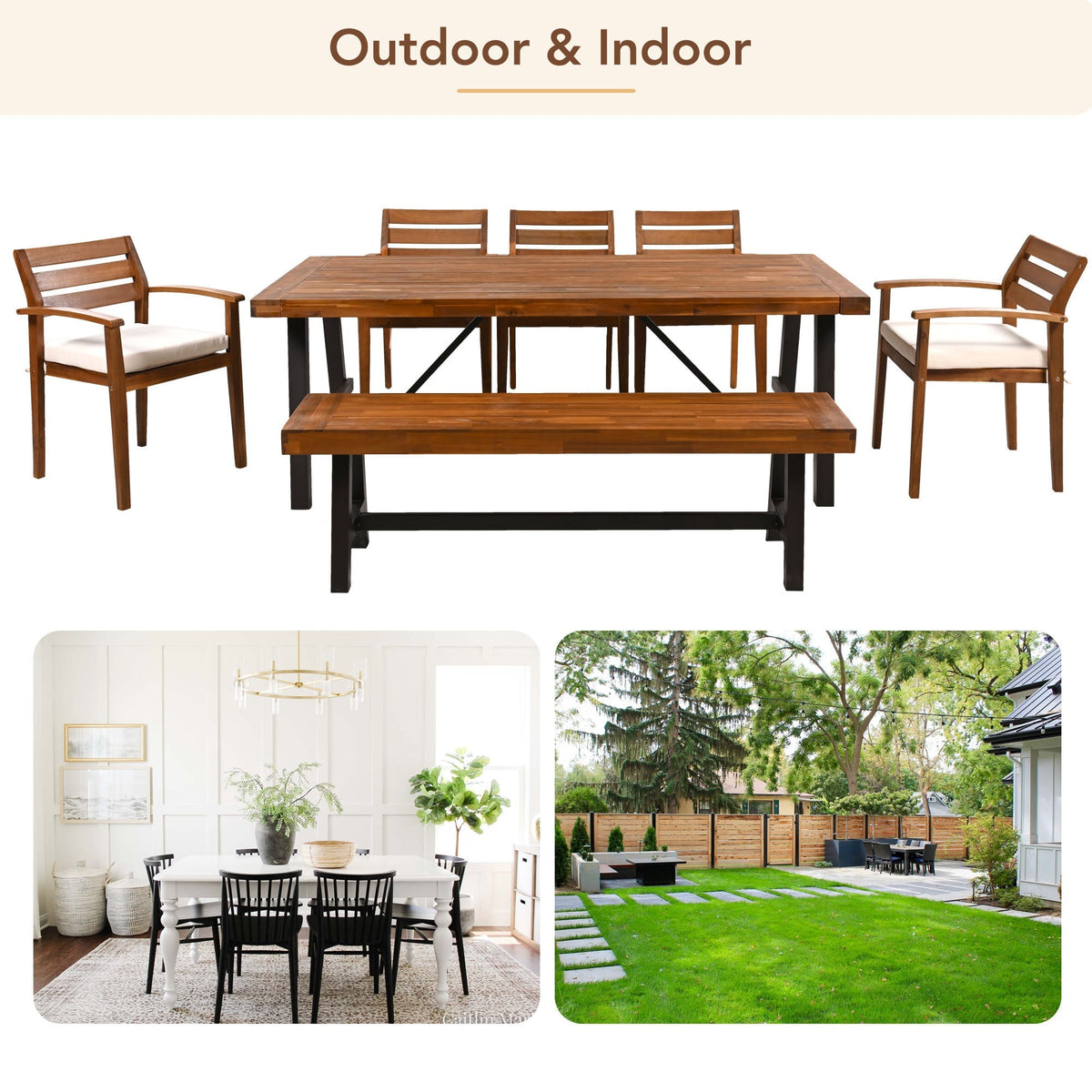 Outdoor Dining Set for 7–8 — Acacia Wood, Beige Cushions & Ergonomic Chairs