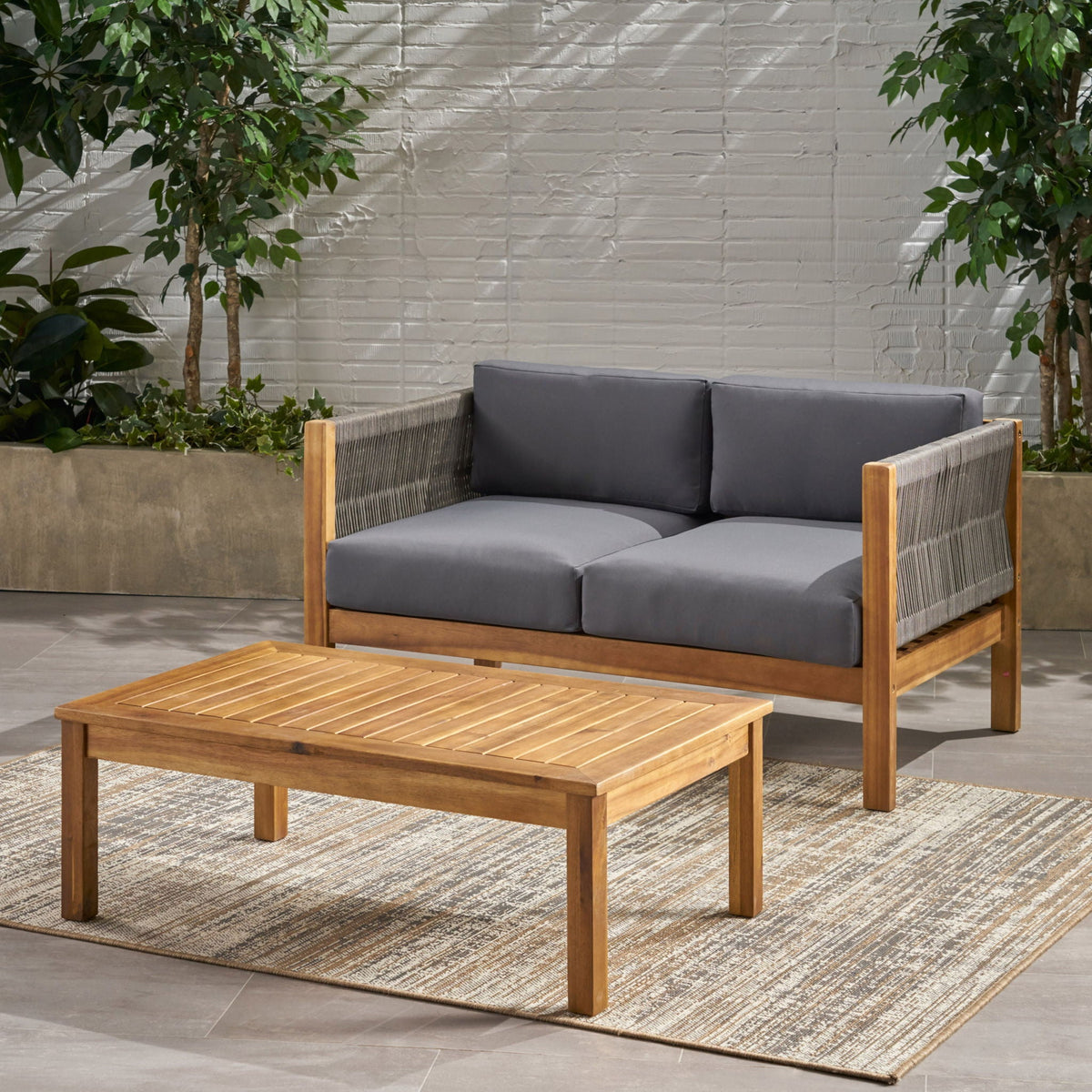 Charlotte Acacia Wood & Rope Outdoor Chat Set with Cushions – 4‑Piece