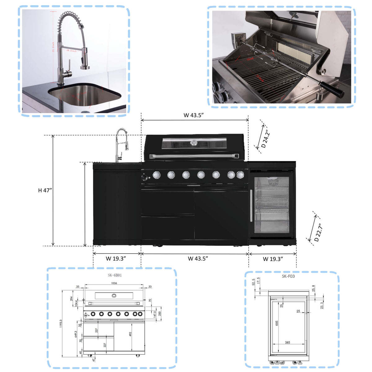 Castelle Flame Avalon 43-Inch 6-Burner 85K BTU Outdoor BBQ Kitchen Grill Island