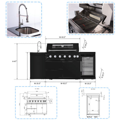 Castelle Flame Avalon 43-Inch 6-Burner 85K BTU Outdoor BBQ Kitchen Grill Island