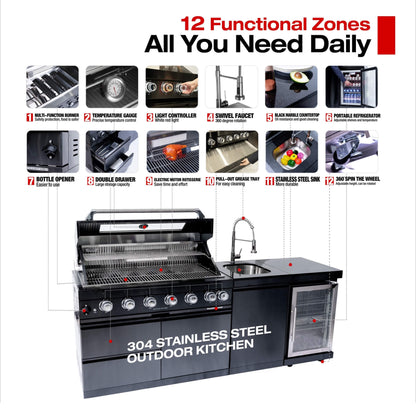Castelle Flame Avalon 43-Inch 6-Burner 85K BTU Outdoor BBQ Kitchen Grill Island