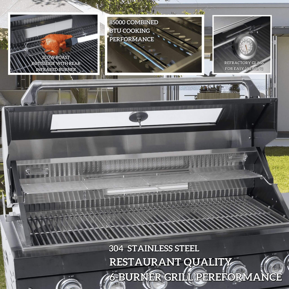 Castelle Flame Capri 96- inch 6‑Burner 85,000 BTU Outdoor Kitchen Grill Island