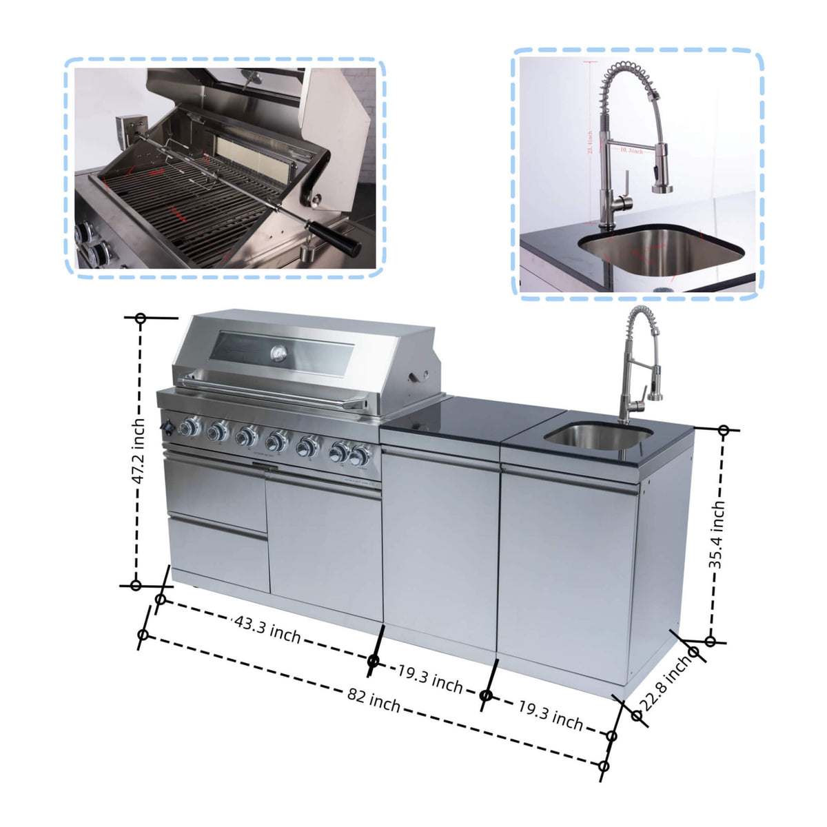 Castelle Flame Valmont 43-Inch 6-Burner 85K BTU Outdoor BBQ Kitchen Grill Island With Granite Countertops, Rotisserie Kit, Cabinets, And Sink (SAK73518)