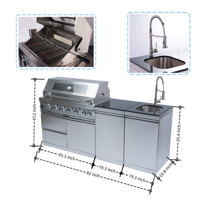 Castelle Flame Valmont 43-Inch 6-Burner 85K BTU Outdoor BBQ Kitchen Grill Island With Granite Countertops, Rotisserie Kit, Cabinets, And Sink (SAK73518)