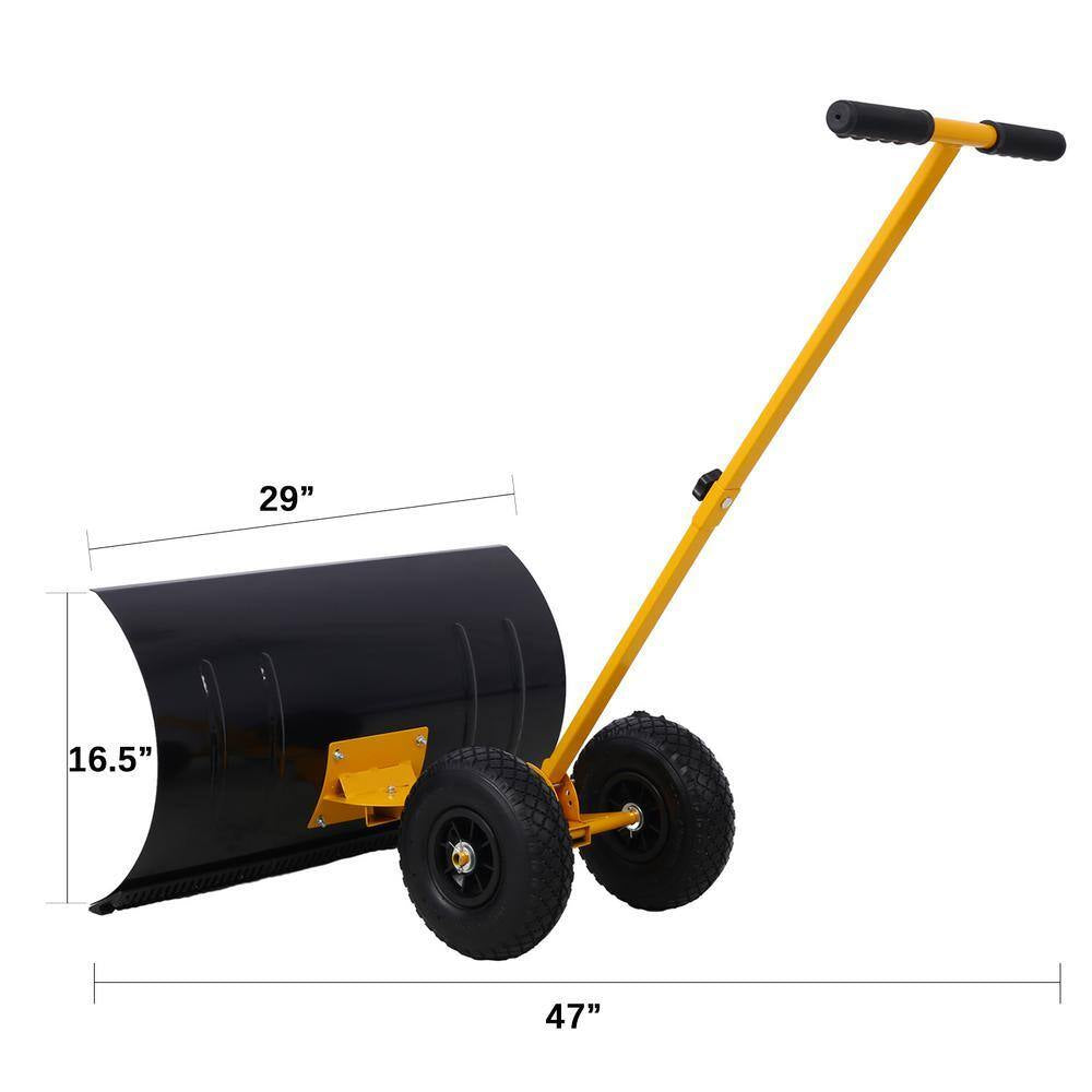 15 In. Steel Angle-Adjustable Handle Steel Heavy-Duty Snow Shovel Rolling Pusher with 29 In. Blade, 10 In. Wheels