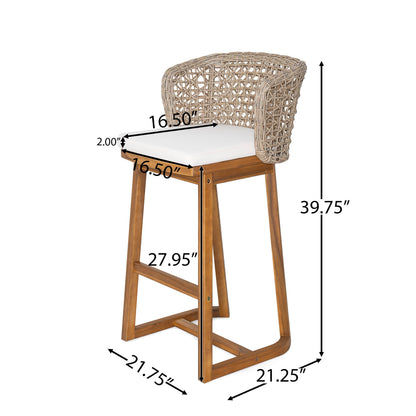 Outdoor Bar Stools — Acacia Wood, Wicker Backrest & Plush Beige Cushions (Set of 4)