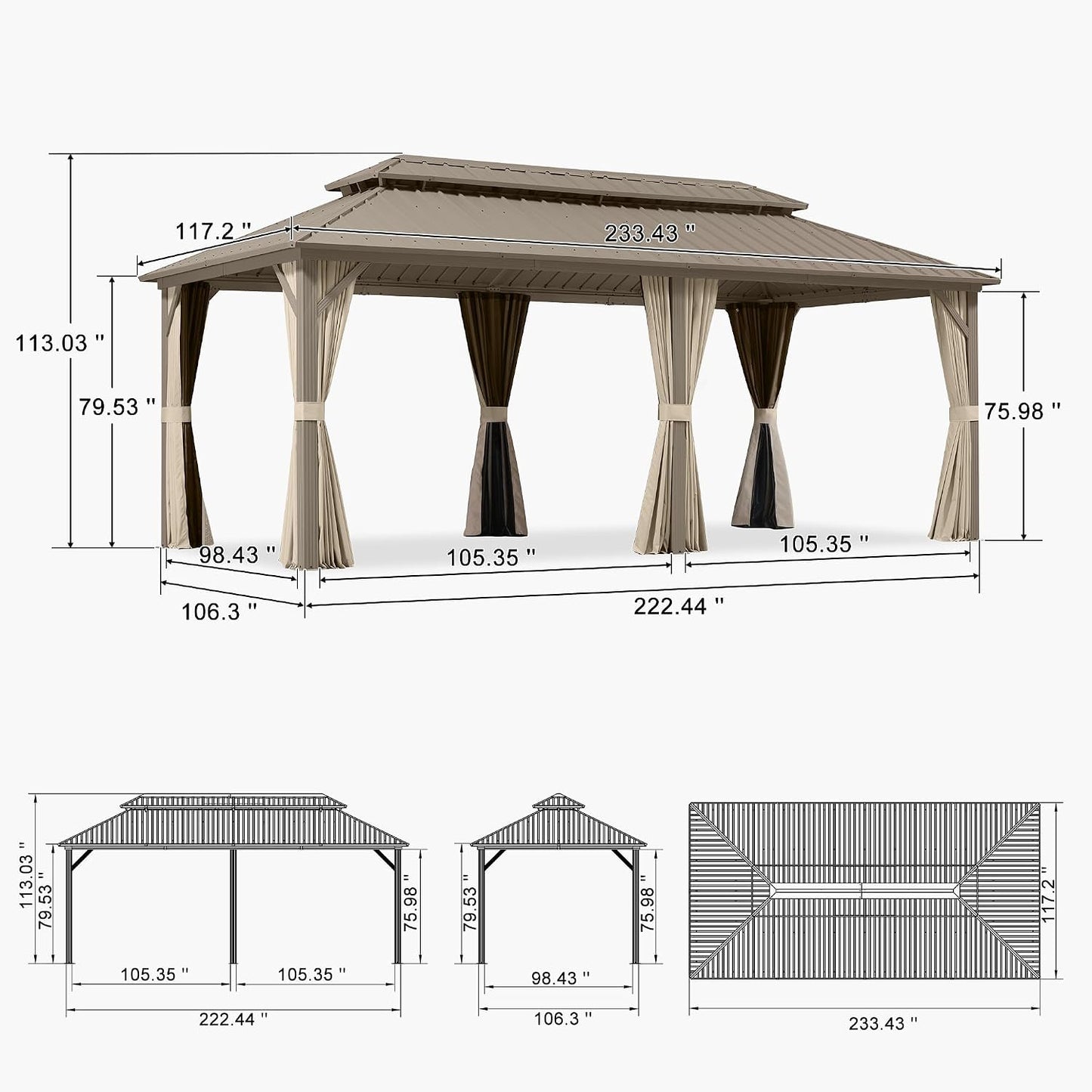 Outdoor Hardtop Gazebo 10' X 20' Champagne Aluminum Structure