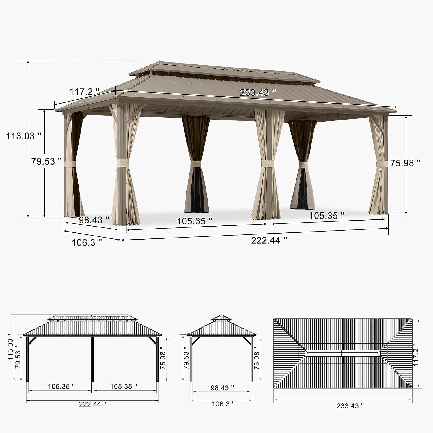 Outdoor Hardtop Gazebo 10' X 20' Champagne Aluminum Structure