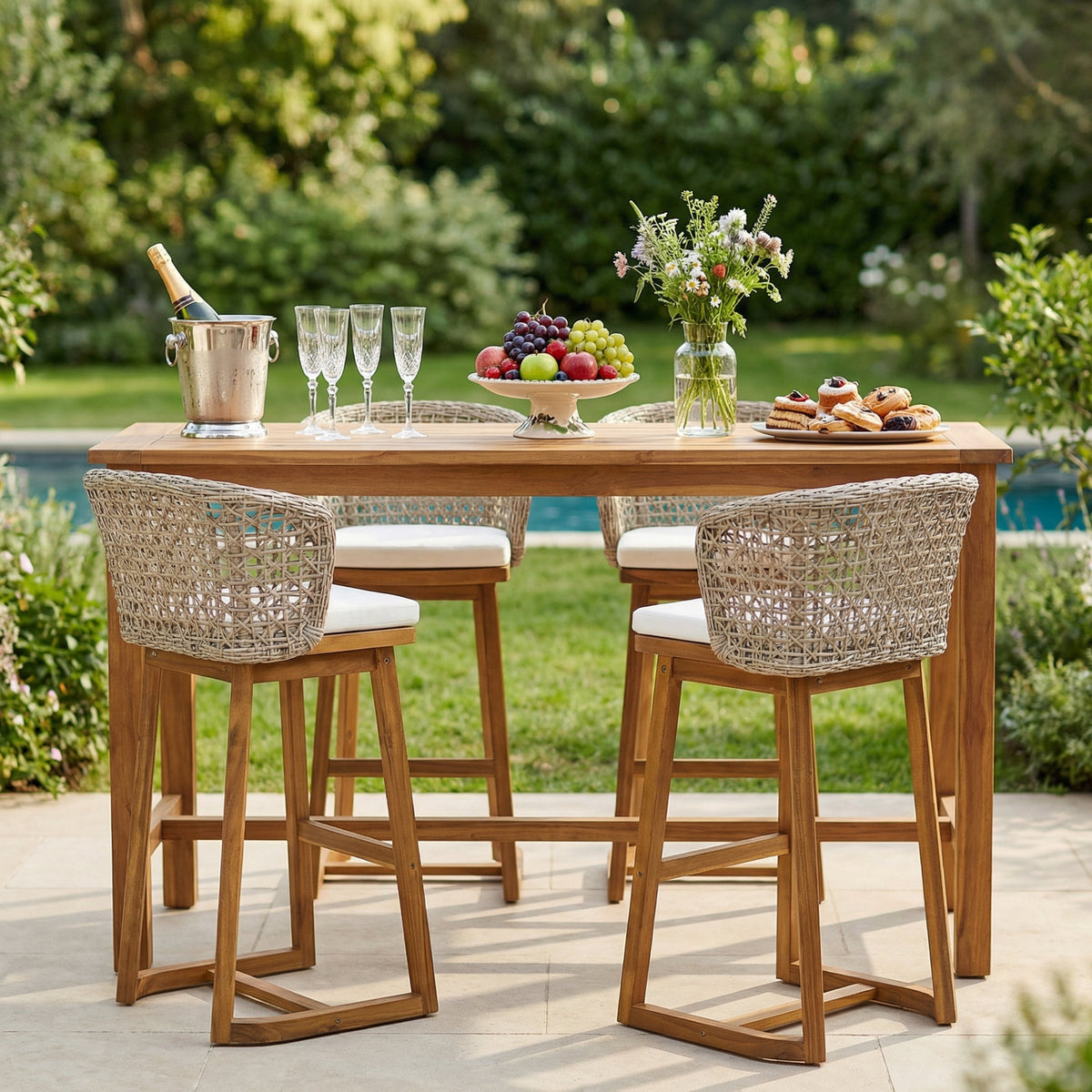 Outdoor Bar Stools — Acacia Wood, Wicker Backrest & Plush Beige Cushions (Set of 4)