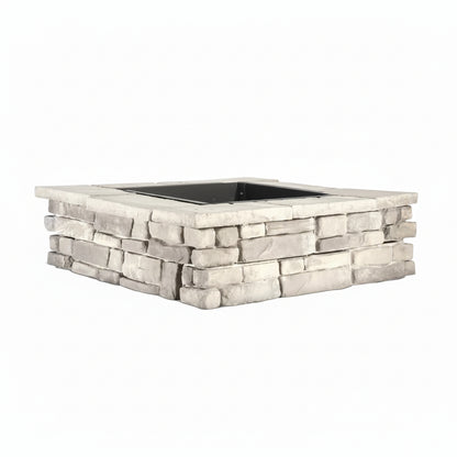 28 In. X 14 In. Steel Wood Random Stone Gray Square Fire Pit